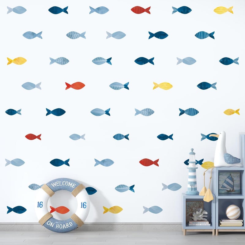 Kasubeso 80 Pcs Creative Ocean Fish Wall Decals, Peel and Stick Blue Fish Wall Stickers, Vibrant Sea Life Watercolor Fishing Wall Decor for Kids Room Nursery Bedroom Playroom Classroom - Image 4